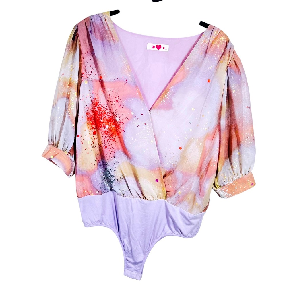 Buddy Love Bodysuit V Neck‎ Snap Bottom Pastel Tie-Dye L Whimsical Boho Fairy